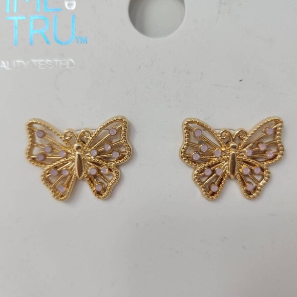 Time And Tru Butterfly Stud Earrings Gold-Tone & Pink Hypo-Allergenic - Picture 2 of 6